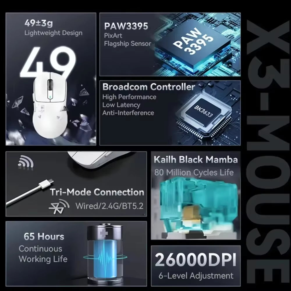 Attack Shark X3/X3PRO Wireless Mouse Bluetooth 3Mode Pixart PAW3395 Macro Gaming Mouse X3Pro Mouse Foot Sticker PC Gamer Gifts